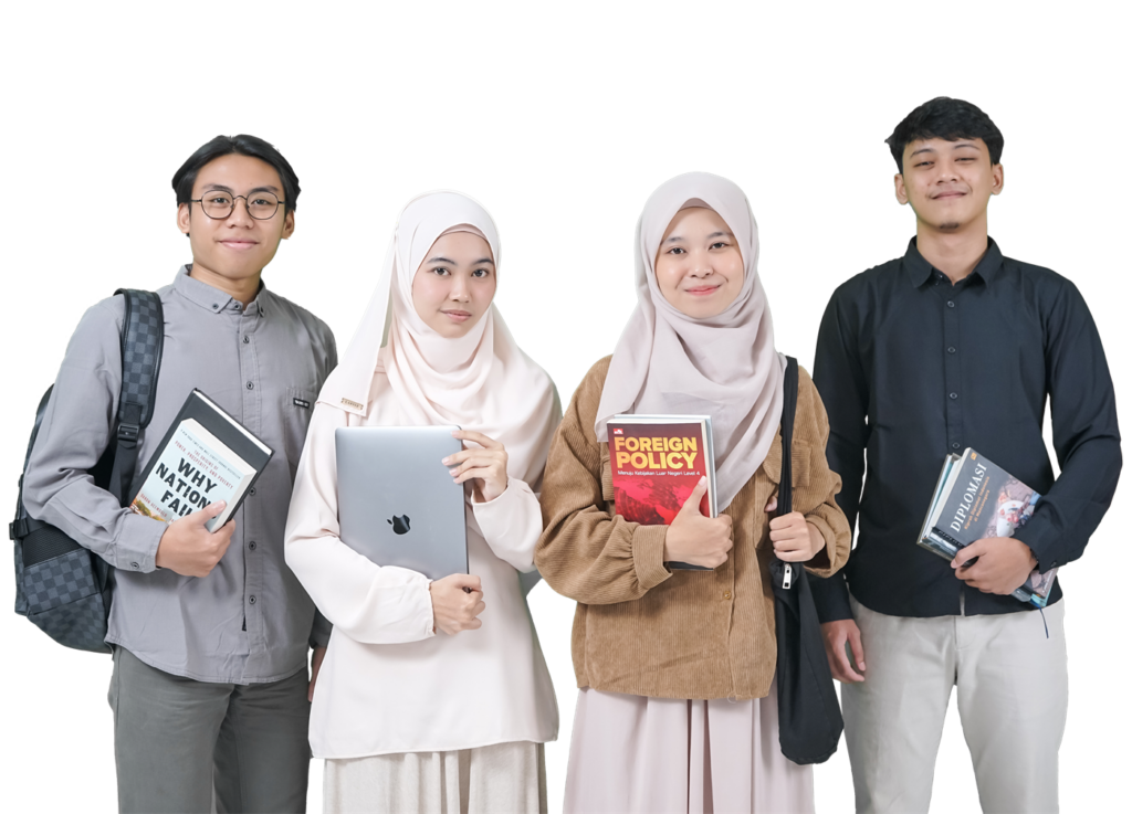 Four students holding books and a laptop